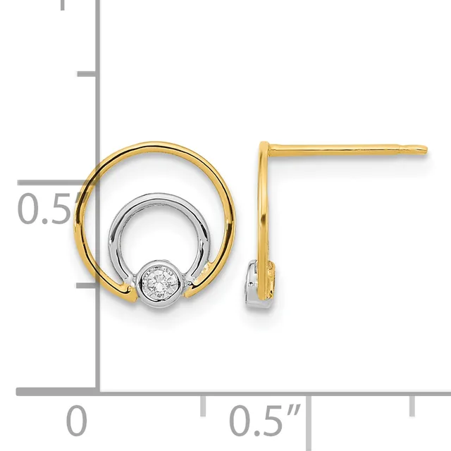 Two-tone gold and silver circular earrings with bezel-set diamonds, shown next to a ruler for scale.