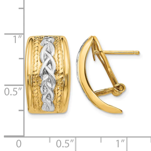 Two-tone gold earrings with twisted white gold centers and textured yellow gold sides, shown from front and side views with a measurement scale.