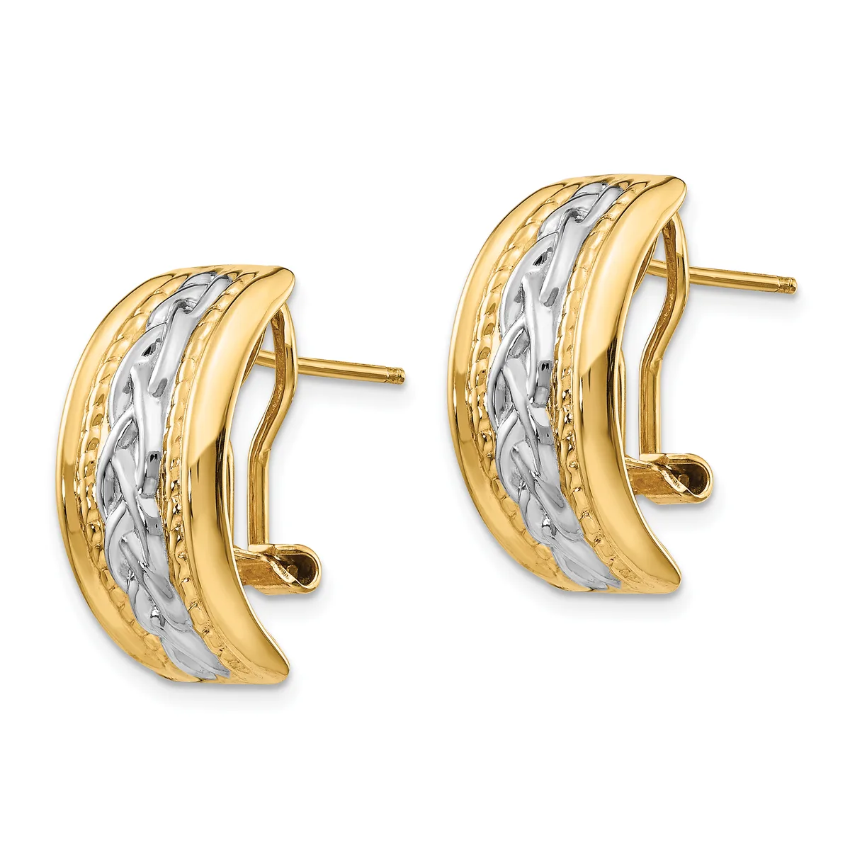 A pair of gold and silver two-tone curved hug earrings with textured and polished surfaces, displayed against a white background.