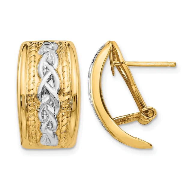 A pair of gold hoop earrings with textured sides and a twisted white metal center stripe, shown from front and side views.