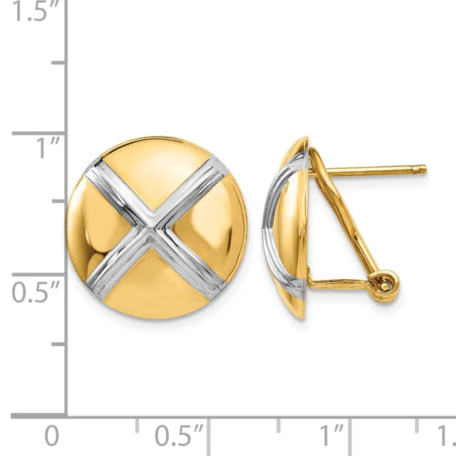 Two-tone gold and white metal round dome earrings with an X-shaped cross design, shown front and side view next to a measurement ruler.