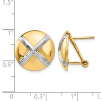 Two-tone gold and white metal round dome earrings with an X-shaped cross design, shown front and side view next to a measurement ruler.
