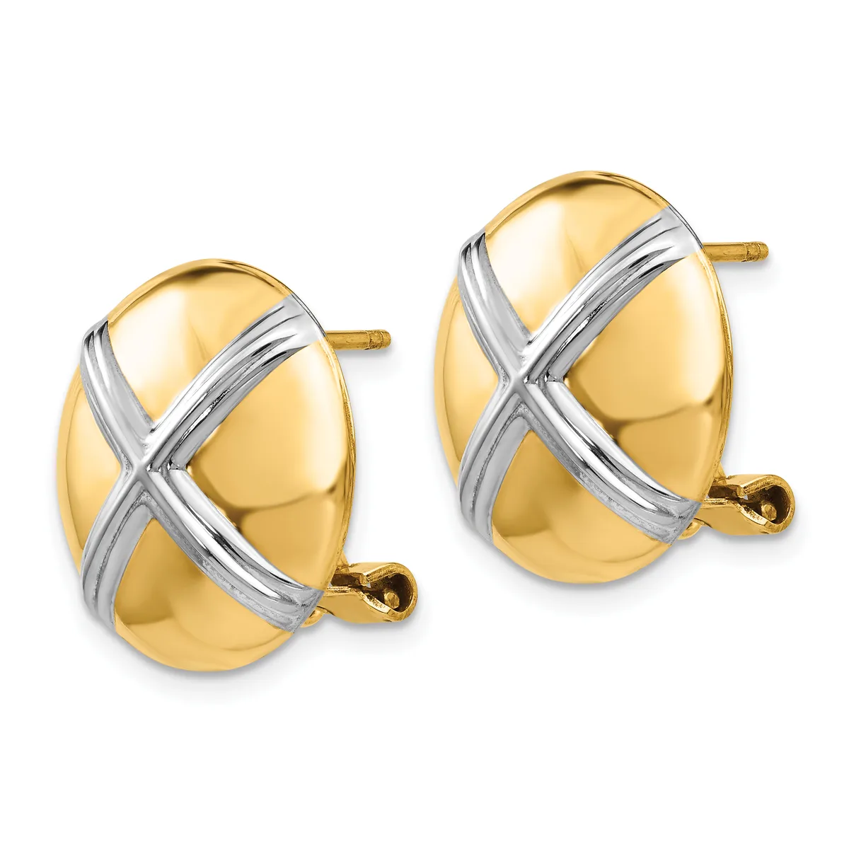 A pair of oval gold stud earrings with polished yellow gold domed surfaces crossed by white gold X-shaped bands, shown from the front.