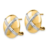 A pair of oval gold stud earrings with polished yellow gold domed surfaces crossed by white gold X-shaped bands, shown from the front.