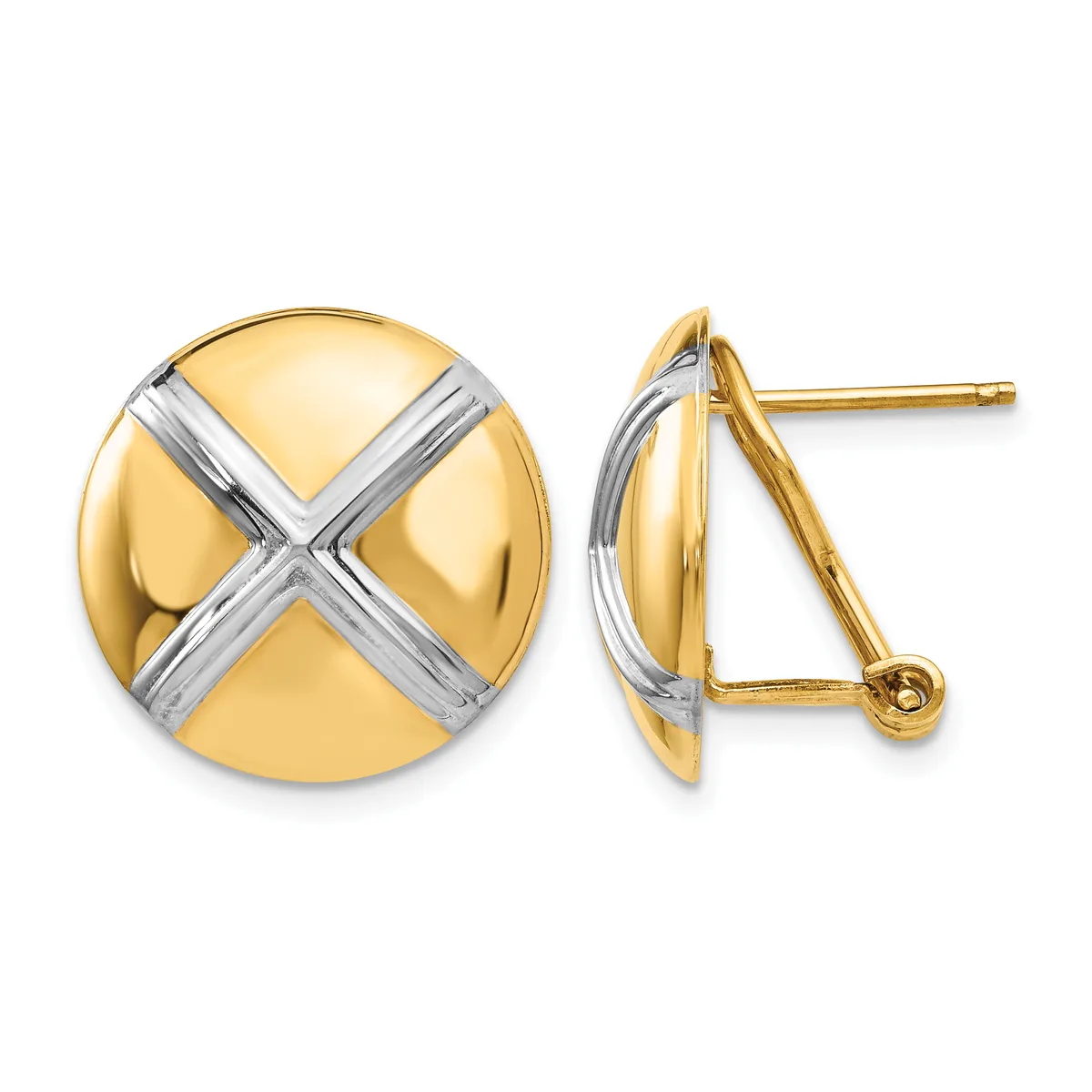 Pair of polished gold and silver two-tone dome earrings with an X-shaped cross design, shown from front and side views.