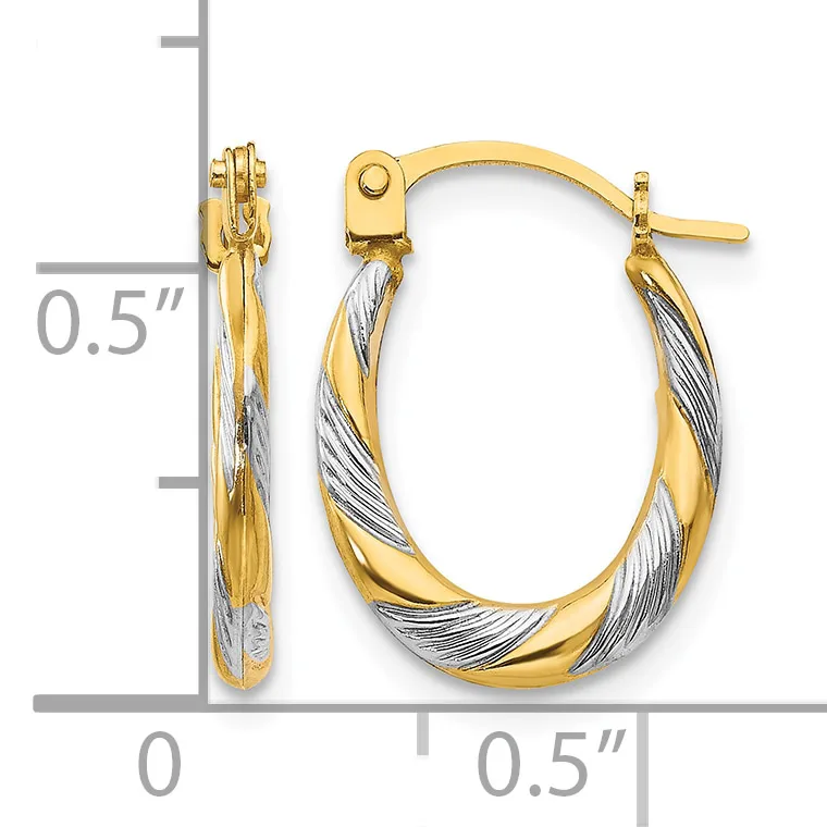 Two-tone gold and silver twisted oval hoop earrings with post and clutch closures, shown with a measurement scale indicating approximately 0.5 inches in height and width.