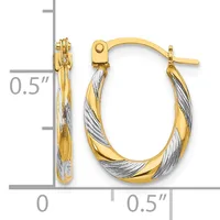 Two-tone gold and silver twisted oval hoop earrings with post and clutch closures, shown with a measurement scale indicating approximately 0.5 inches in height and width.