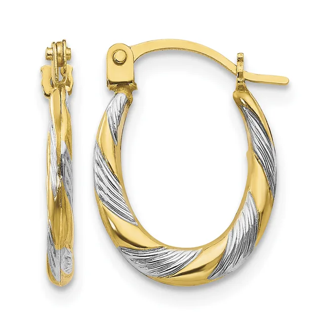 Pair of two-tone gold hoop earrings with twisted white and yellow gold stripes and post-and-clutch closures, shown from front and side views.