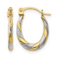 Pair of two-tone gold hoop earrings with twisted white and yellow gold stripes and post-and-clutch closures, shown from front and side views.