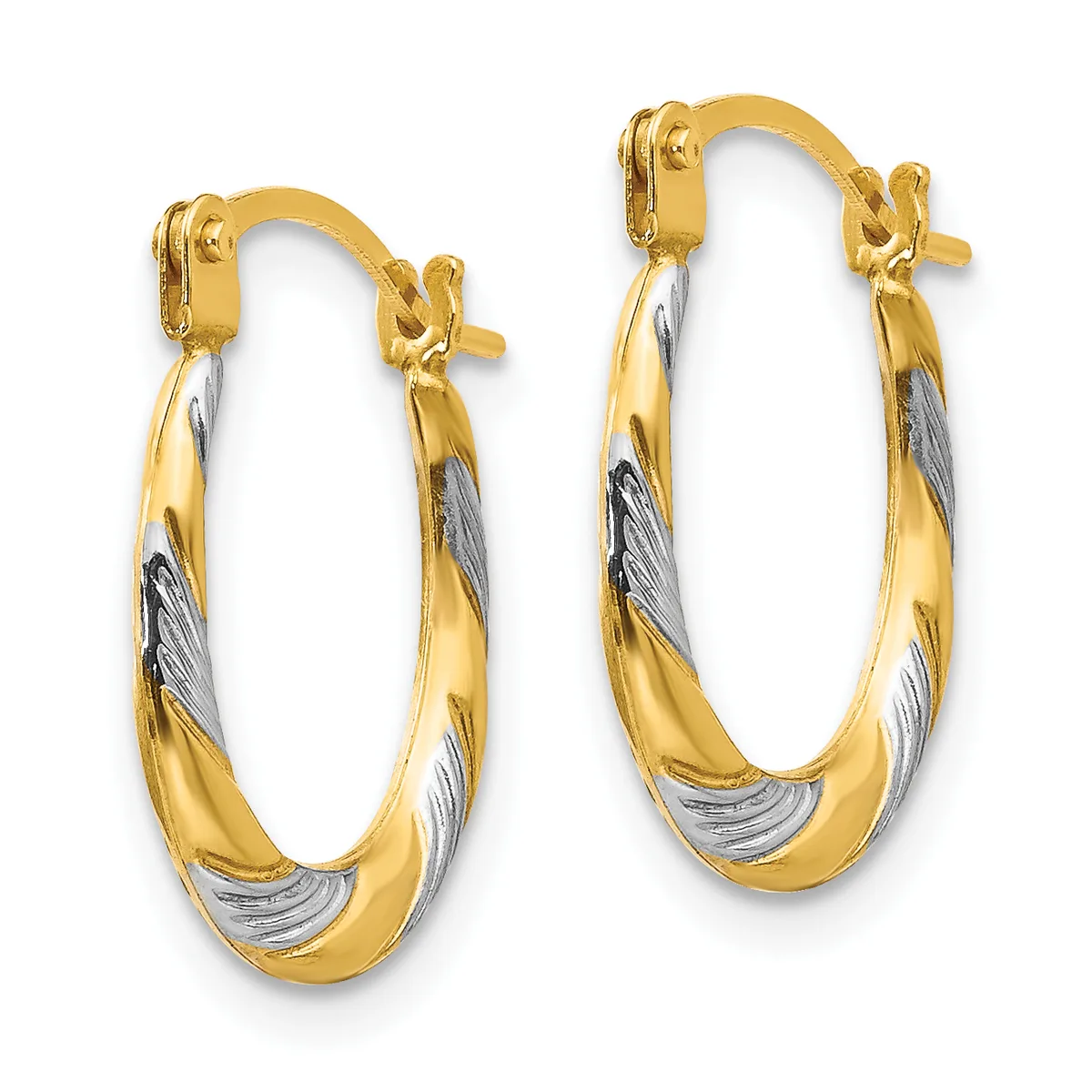 A pair of two-tone gold hoop earrings with twisted texture detail and hinged closures, displayed against a white background.