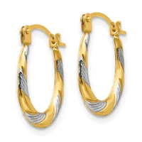 A pair of two-tone gold hoop earrings with twisted texture detail and hinged closures, displayed against a white background.