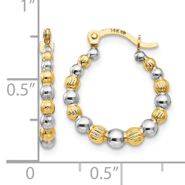 Two-tone gold and silver beaded hoop earrings with alternating textured and smooth spheres, displayed against a measurement scale showing approximately one inch in length.