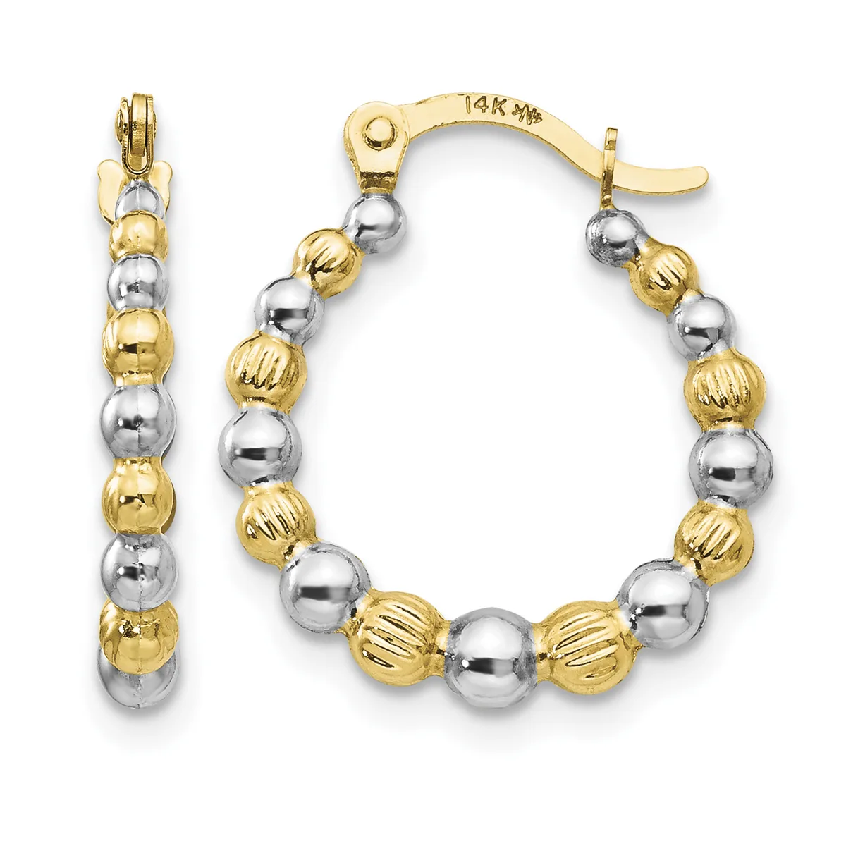 A pair of 14K gold hoop earrings with alternating polished and textured spherical beads in yellow and white gold, shown from front and side views.