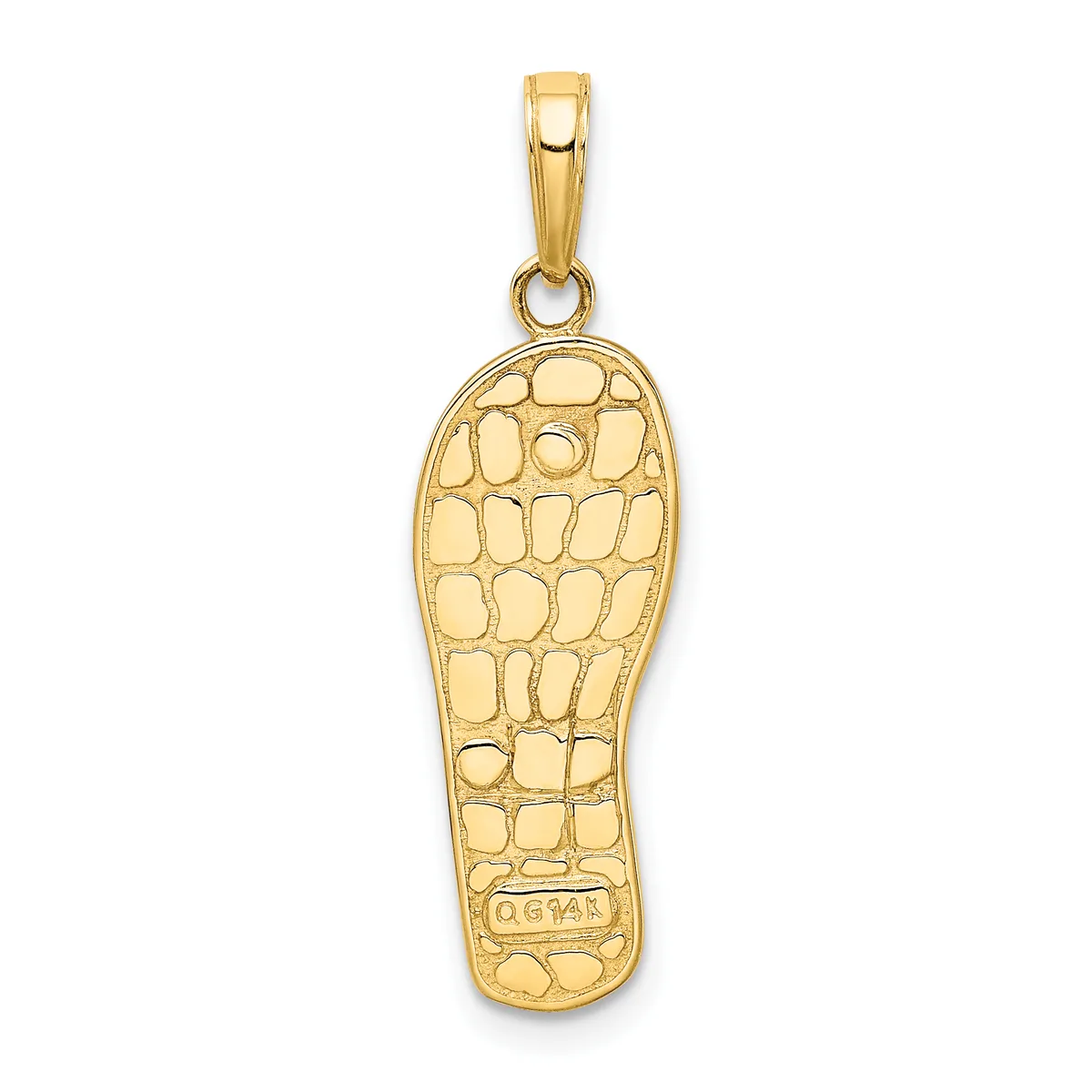 Gold pendant in the shape of a footprint with a textured crocodile or alligator skin pattern and a small stamped hallmark on the sole.