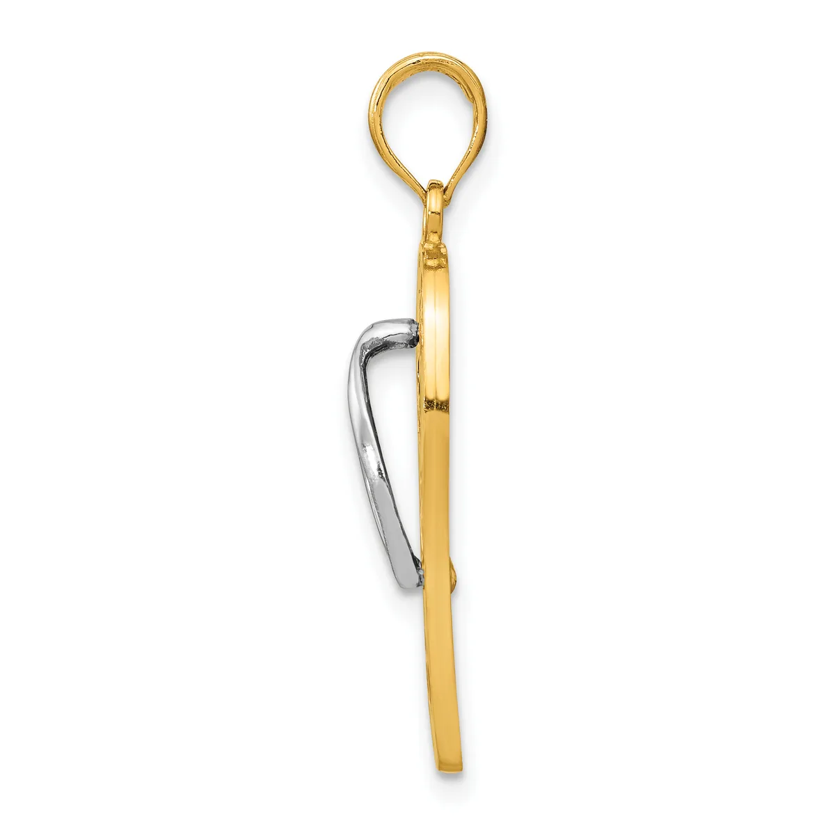 A gold-toned metal pendant with a loop at the top and an attached silver-toned carabiner clip on its side, displayed against a white background.