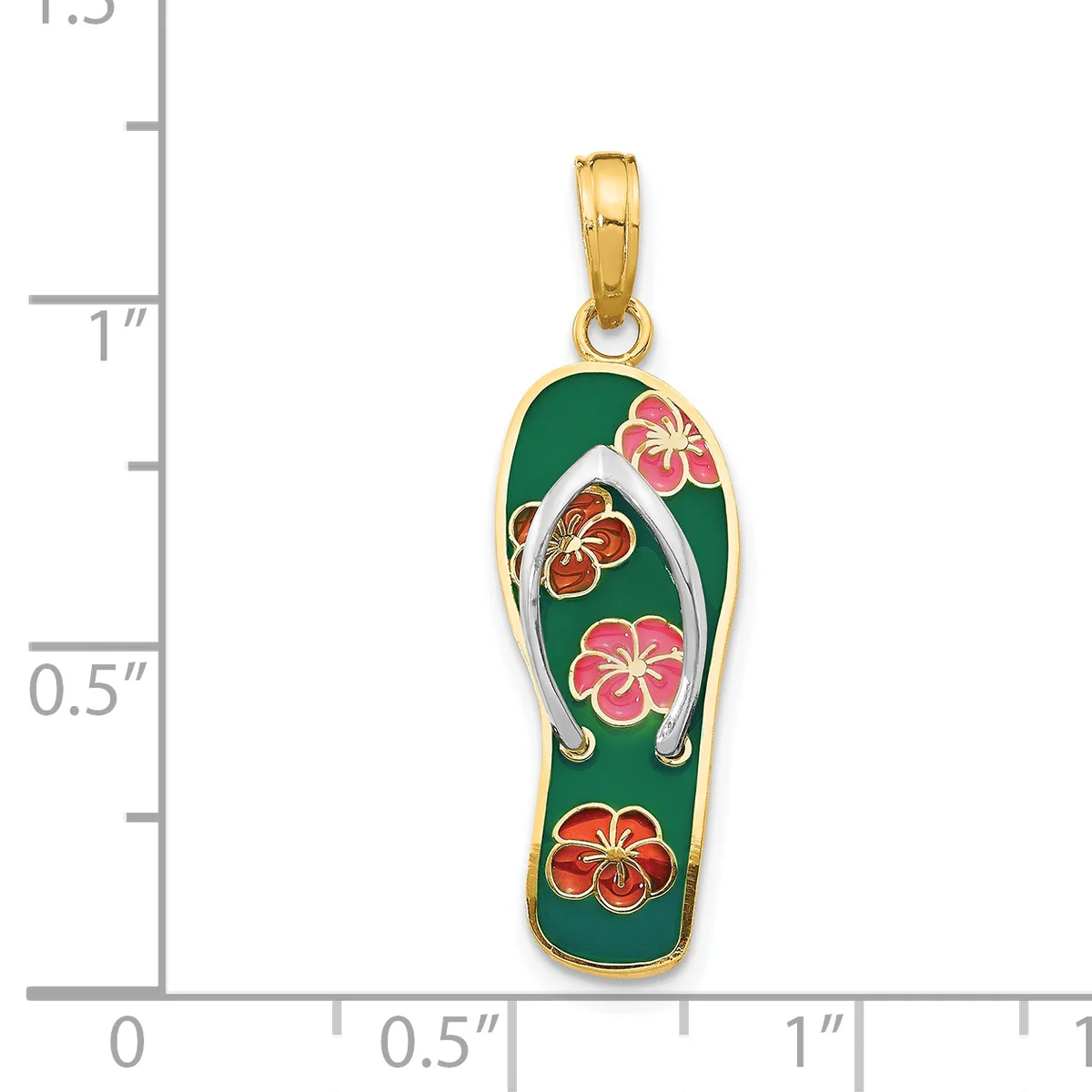 Gold-toned flip-flop pendant with green enamel base decorated with pink and orange enameled flowers, shown next to a measurement scale.
