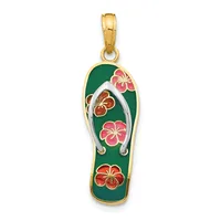 A gold pendant shaped like a flip-flop with a green enamel base, white straps, and red and pink enameled hibiscus flowers, suspended from a gold bail.