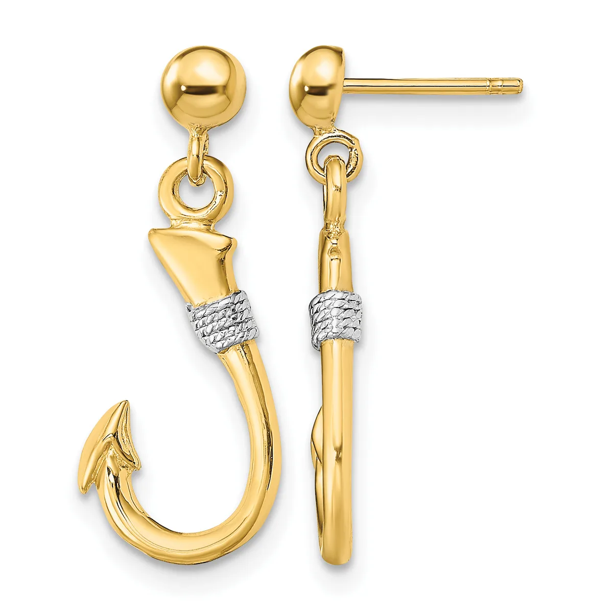 Pair of gold fish hook earrings with ball studs and white textured bands around the shafts, shown from front and side views.