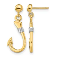 Pair of gold fish hook earrings with ball studs and white textured bands around the shafts, shown from front and side views.