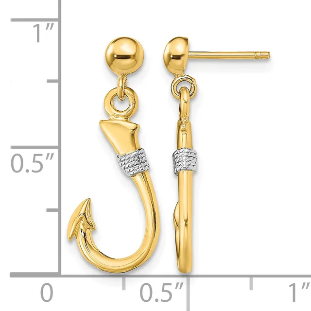 A pair of gold fish hook earrings with textured white gold bands, shown next to a measurement ruler indicating they are approximately one inch long.