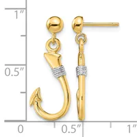 A pair of gold fish hook earrings with textured white gold bands, shown next to a measurement ruler indicating they are approximately one inch long.
