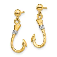 Pair of gold fish hook earrings with ball post backs and textured white metal bands around the upper portions.