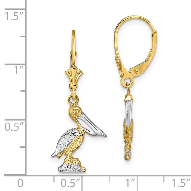 Two-tone gold pelican charm earrings with leverback closures, shown against a measurement scale indicating approximately one inch in length.