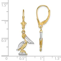 Two-tone gold pelican charm earrings with leverback closures, shown against a measurement scale indicating approximately one inch in length.