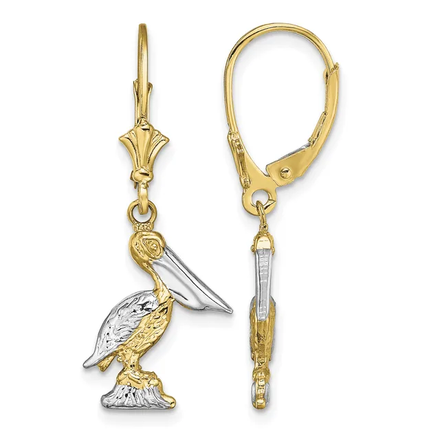 Pair of two-tone gold lever-back earrings featuring pelican charms with white and yellow gold details, shown from front and back views.