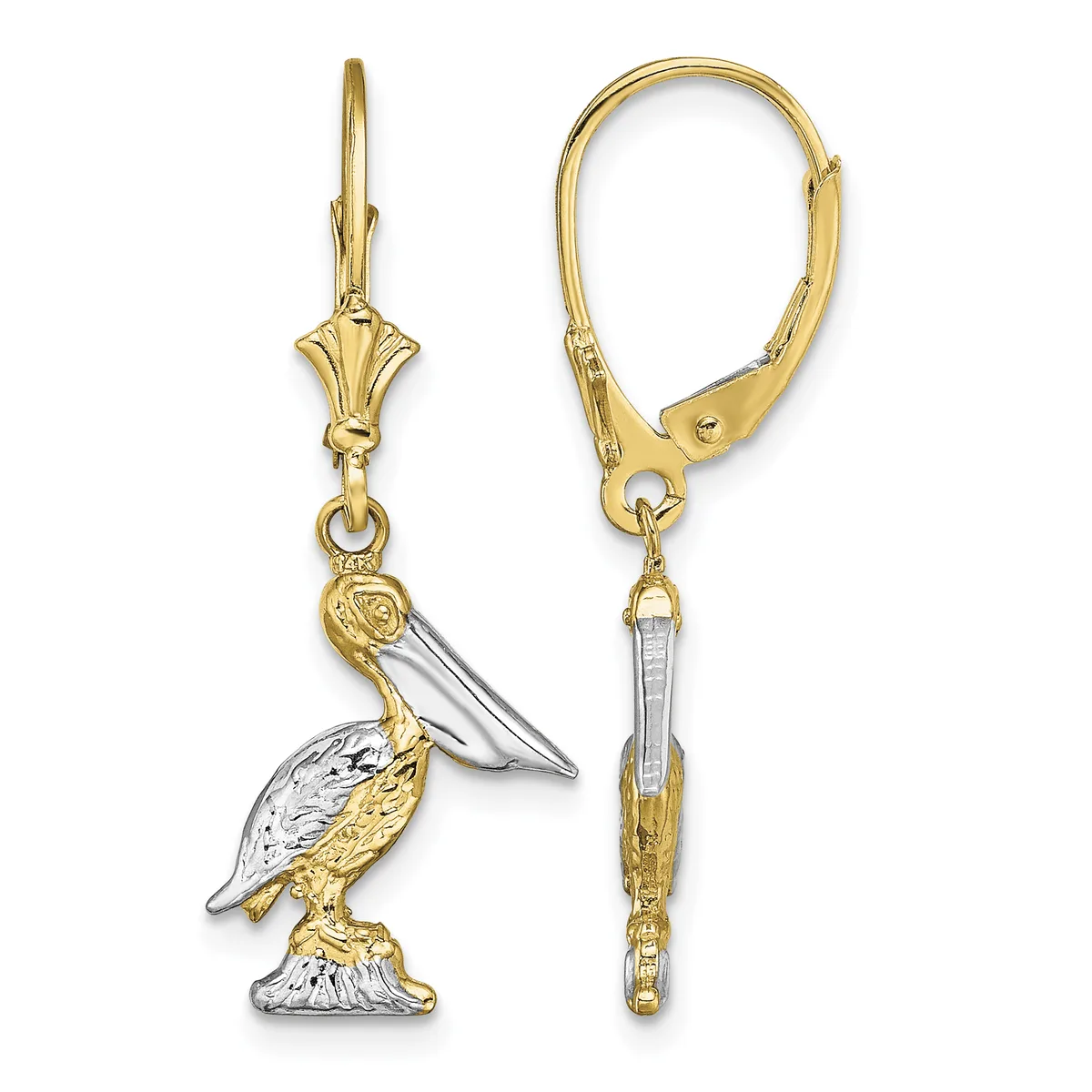 Pair of two-tone gold lever-back earrings featuring pelican charms with white and yellow gold details, shown from front and back views.