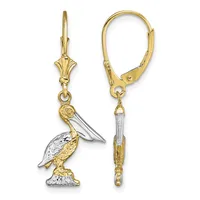 Pair of two-tone gold lever-back earrings featuring pelican charms with white and yellow gold details, shown from front and back views.