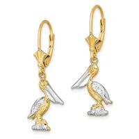 Pair of gold and silver two-tone pelican charm dangle earrings with leverback closures shown from front and side views.