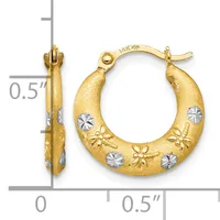 Gold hoop earrings with textured finish and white diamond-cut floral designs, shown front and side view with measurement scale indicating approximately 0.5 inch diameter.