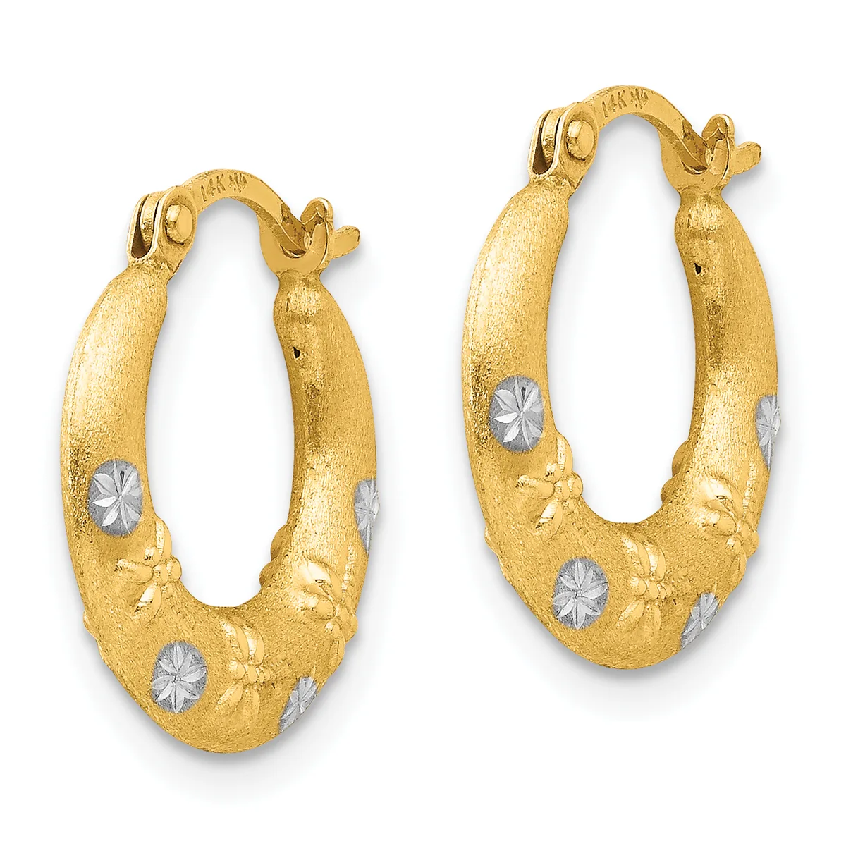 Pair of gold hoop earrings with textured surface and white diamond-cut accents, featuring hinged posts and leaf-like decorative elements.