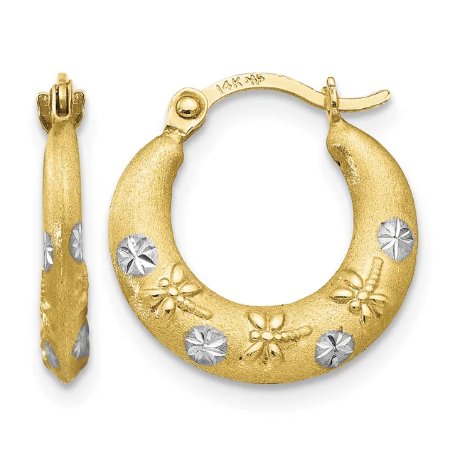 Pair of gold hoop earrings with textured matte finish and two-tone star and flower motifs, shown from front and side views.
