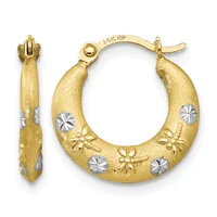 Pair of gold hoop earrings with textured matte finish and two-tone star and flower motifs, shown from front and side views.