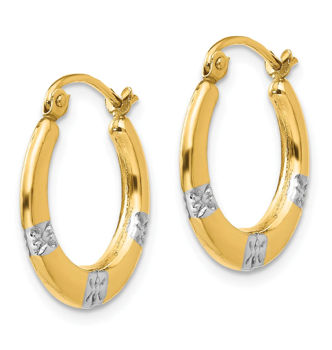A pair of gold hoop earrings with white gold accents, featuring oval loops with textured bands, displayed against a white background.