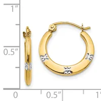 Two gold hoop earrings with white diamond accents, shown against a measurement scale indicating approximately one inch in height.