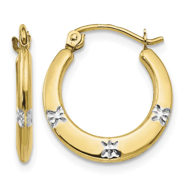 A pair of gold hoop earrings with white gold butterfly accents, shown from front and side views.