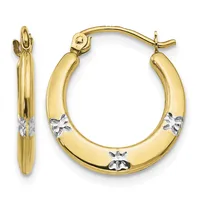 A pair of gold hoop earrings with white gold butterfly accents, shown from front and side views.