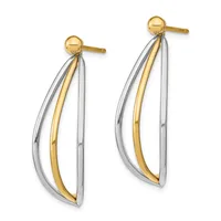 Pair of two-tone gold and silver drop earrings with curved elongated oval shapes, featuring gold ball stud posts.
