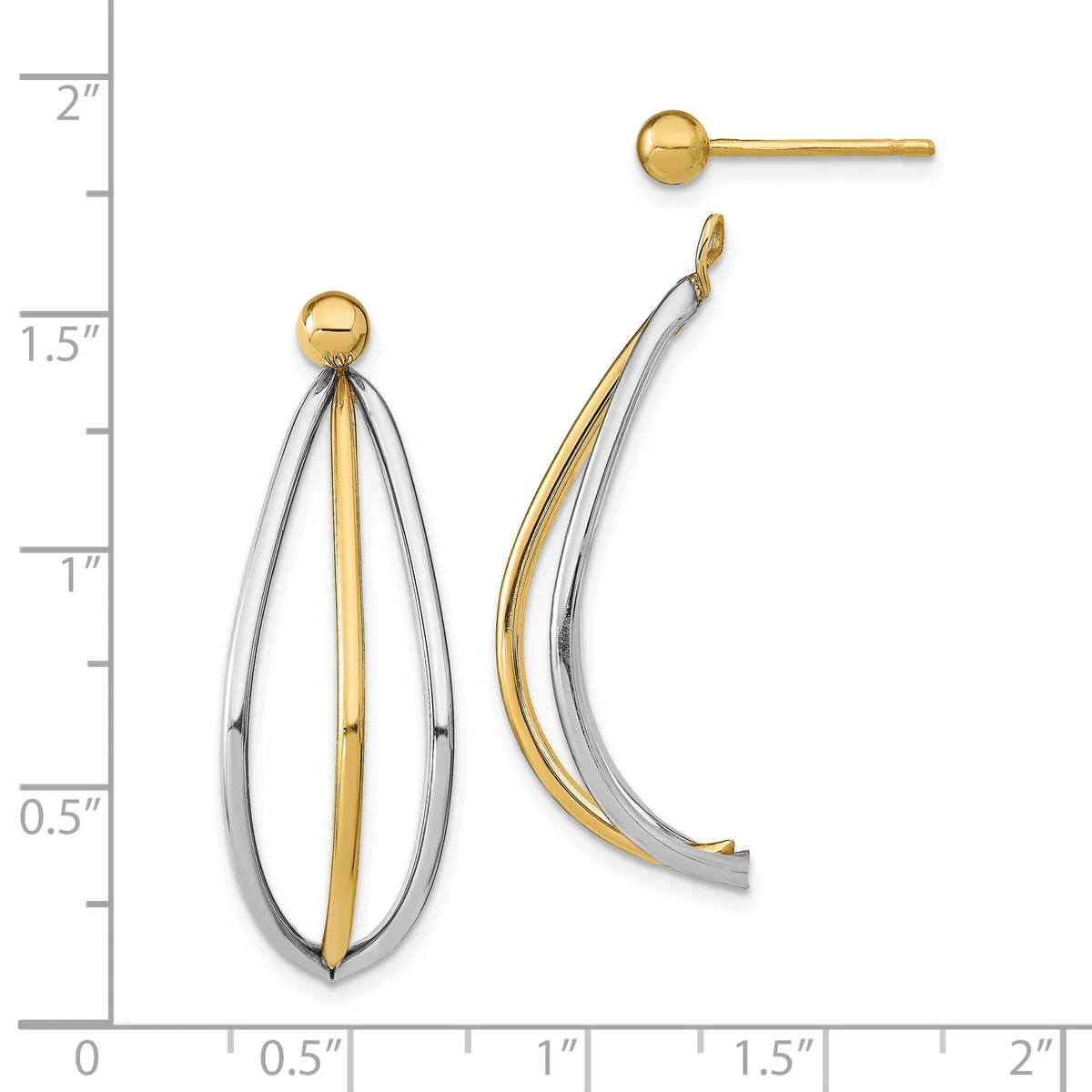 Two-tone gold and silver teardrop earrings with matching gold stud earrings displayed against a measurement ruler.