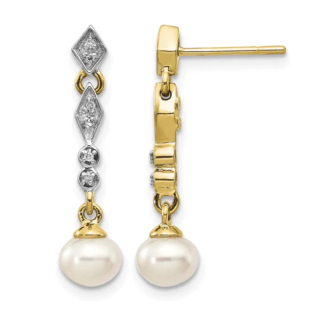Pair of gold drop earrings with diamond-set geometric shapes, pearl spheres at the bottom, and post-and-post backs, shown from front and side views.