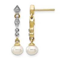 Pair of gold drop earrings with diamond-set geometric shapes, pearl spheres at the bottom, and post-and-post backs, shown from front and side views.