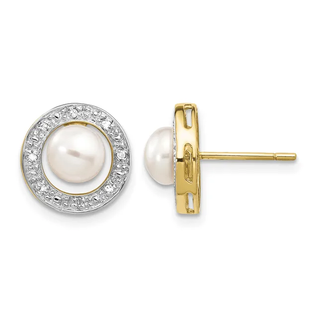 Pair of stud earrings featuring white pearls surrounded by diamond halos, shown from front and back views, crafted in two-tone gold with post backs.