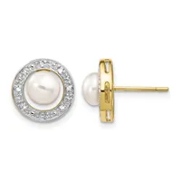 Pair of stud earrings featuring white pearls surrounded by diamond halos, shown from front and back views, crafted in two-tone gold with post backs.