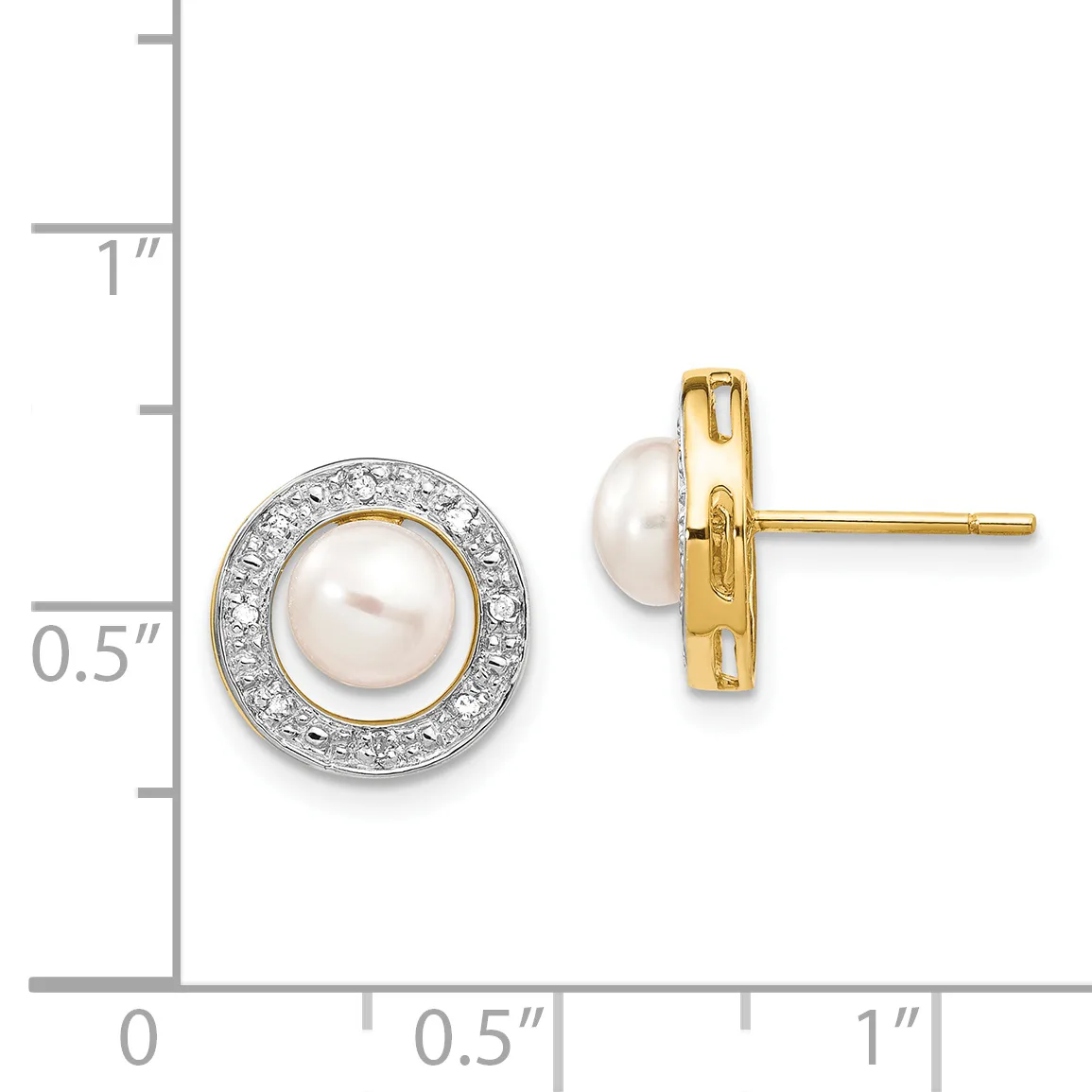 A pair of round stud earrings with white pearls surrounded by diamond halos, shown front and back view next to a measurement scale.