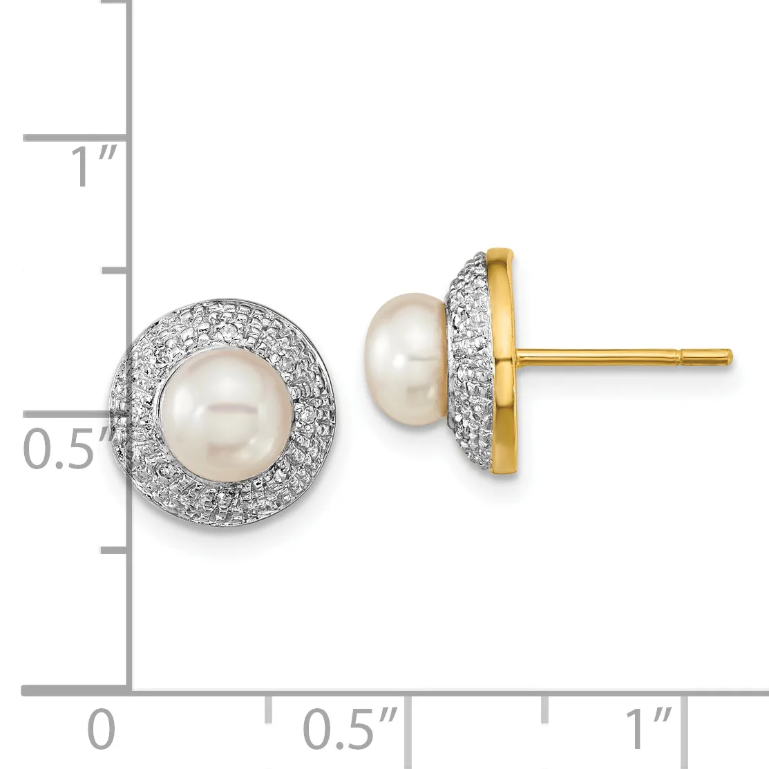 Two round stud earrings featuring white pearls surrounded by pavé-set diamonds in white metal with gold posts, displayed next to a measurement scale.