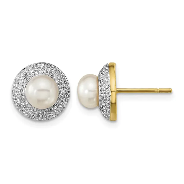A pair of stud earrings featuring white pearls surrounded by pavé-set diamonds in a halo design, shown from front and side views with gold posts.