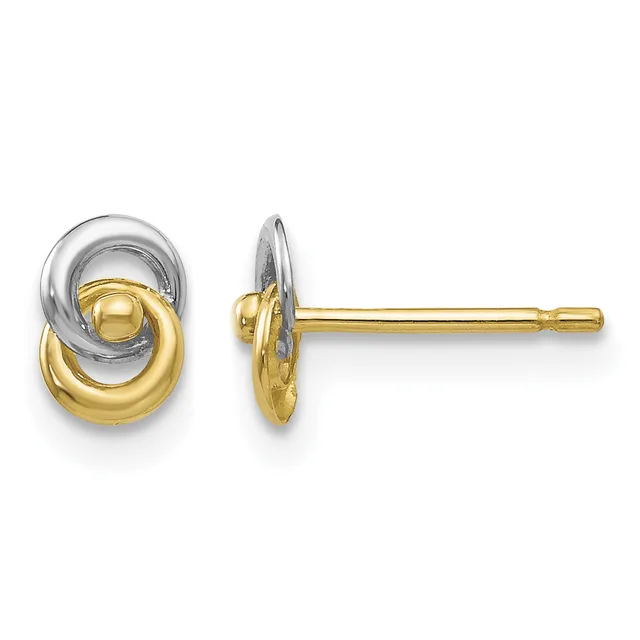 A pair of two-tone stud earrings featuring interlocking yellow and white gold oval loops, shown from front and side views.